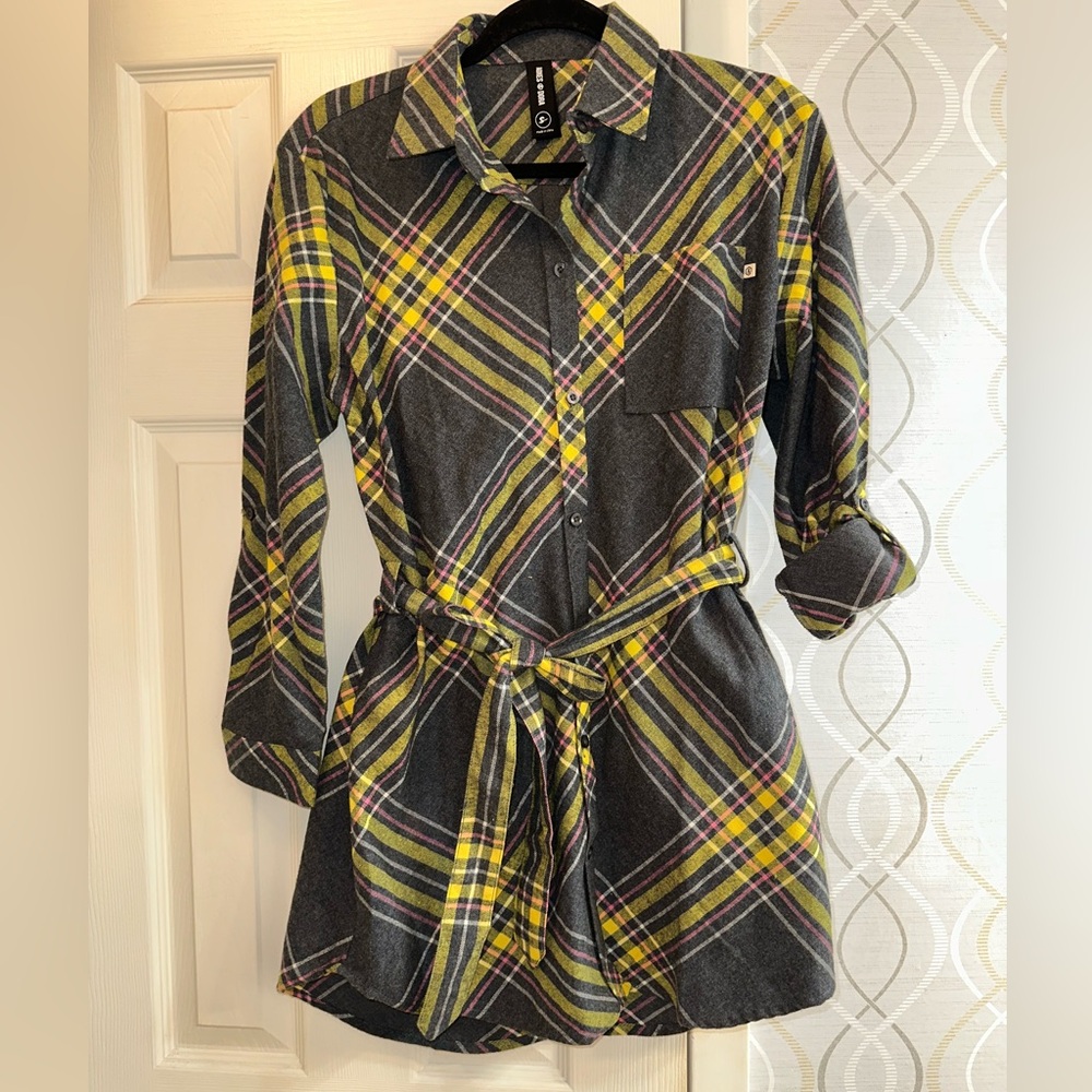 Agnes & Dora Gray Plaid Shirt with Yellow and Pink Accents